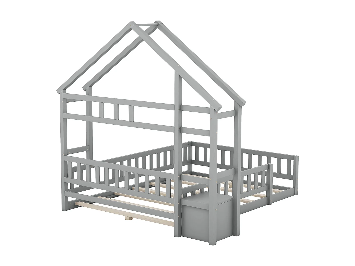 Lit cabane enfant 140 x 200 cm avec balustrade et tables de chevet. gris