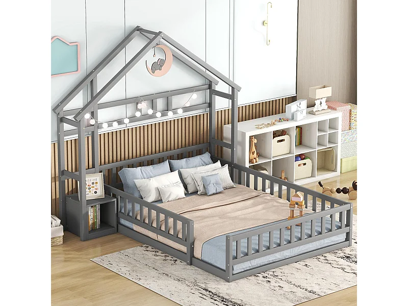 Lit cabane enfant 140 x 200 cm avec balustrade et tables de chevet. gris