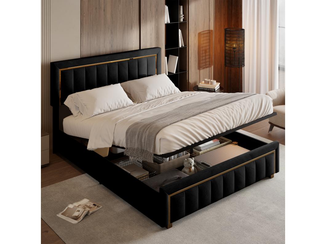 140 x 200 gestoffeerd tweepersoonsbed, opbergbed met basis, 140 x 200 volwassen bed met hydraulische hendel, fluweel, zwart