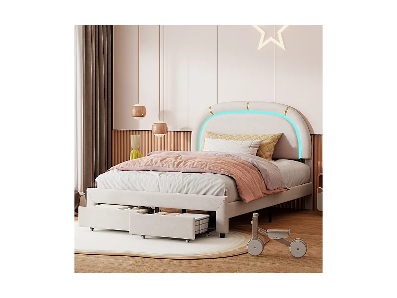 Cama infantil 140x200, cama doble tapizada con LED regulable, dos cajones, cabecero, terciopelo, beige