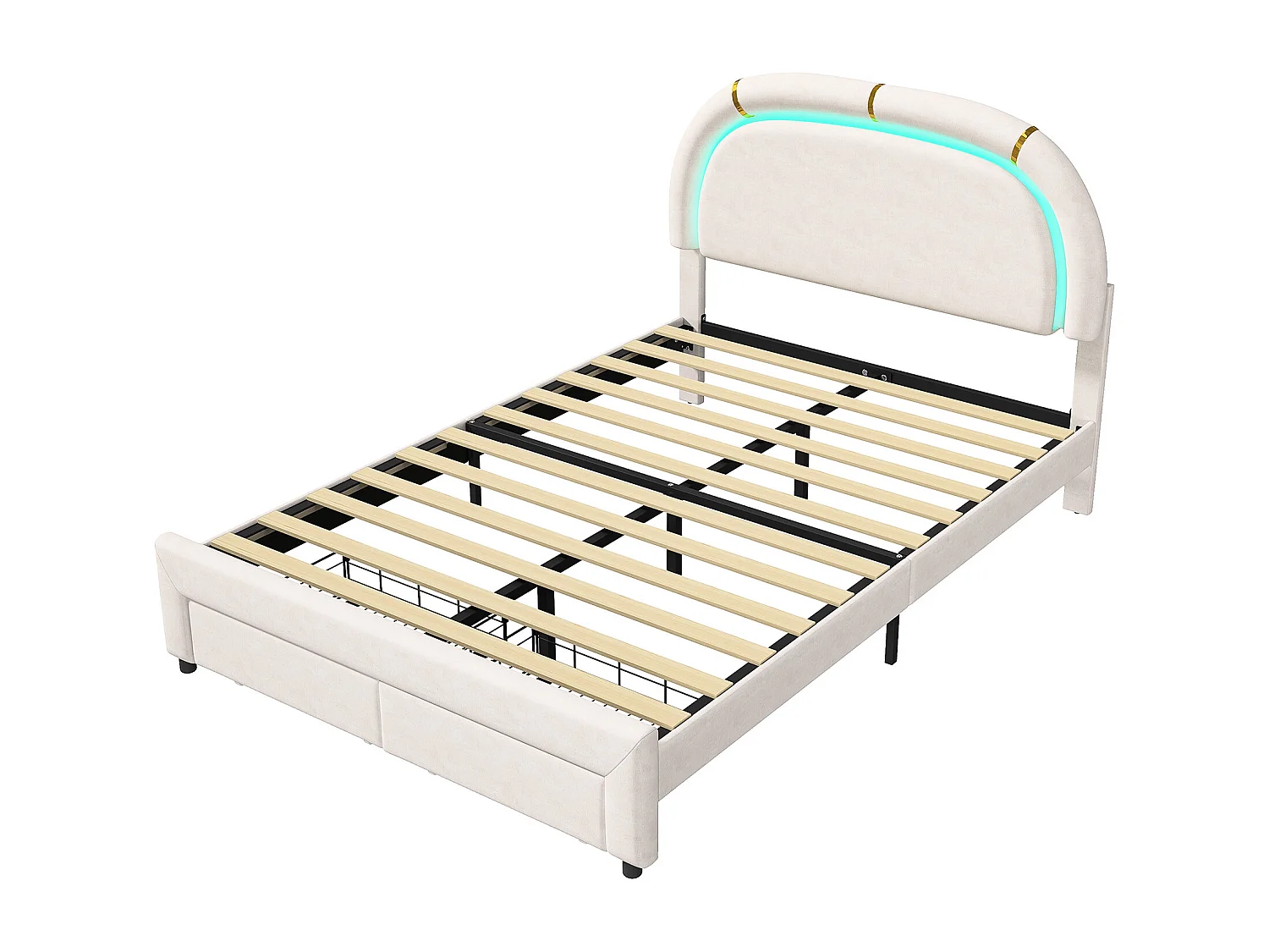 Cama infantil 140x200, cama doble tapizada con LED regulable, dos cajones, cabecero, terciopelo, beige