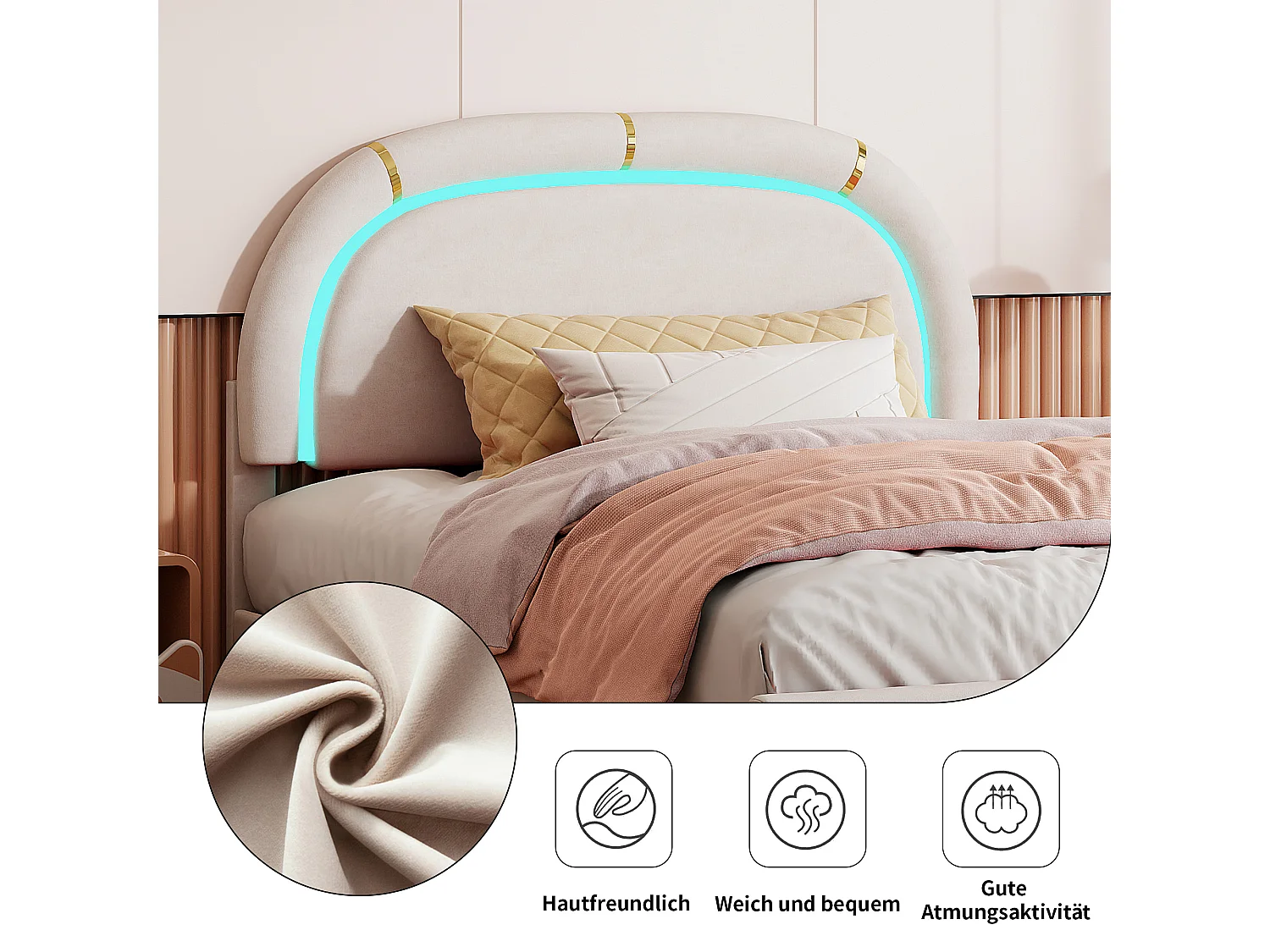 Cama infantil 140x200, cama doble tapizada con LED regulable, dos cajones, cabecero, terciopelo, beige