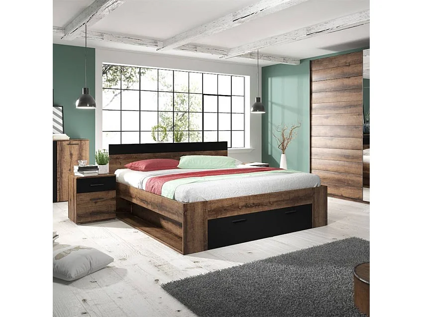 Cama de matrimonio con arcón de 160x200 cm color roble o negro y somier de lamas Bayda