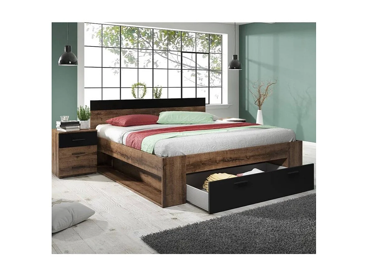 Cama de matrimonio con arcón de 160x200 cm color roble o negro y somier de lamas Bayda