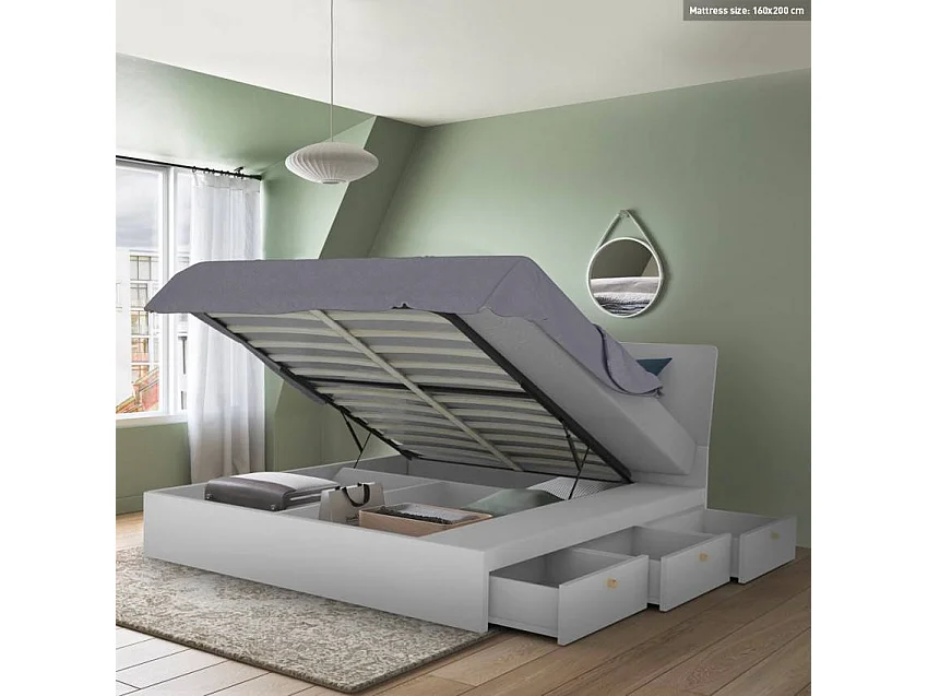 Bett Doppelbett Polsterbett hochklappbar 160x200 cm mit Bettkasten Design Steyr King - Weiß