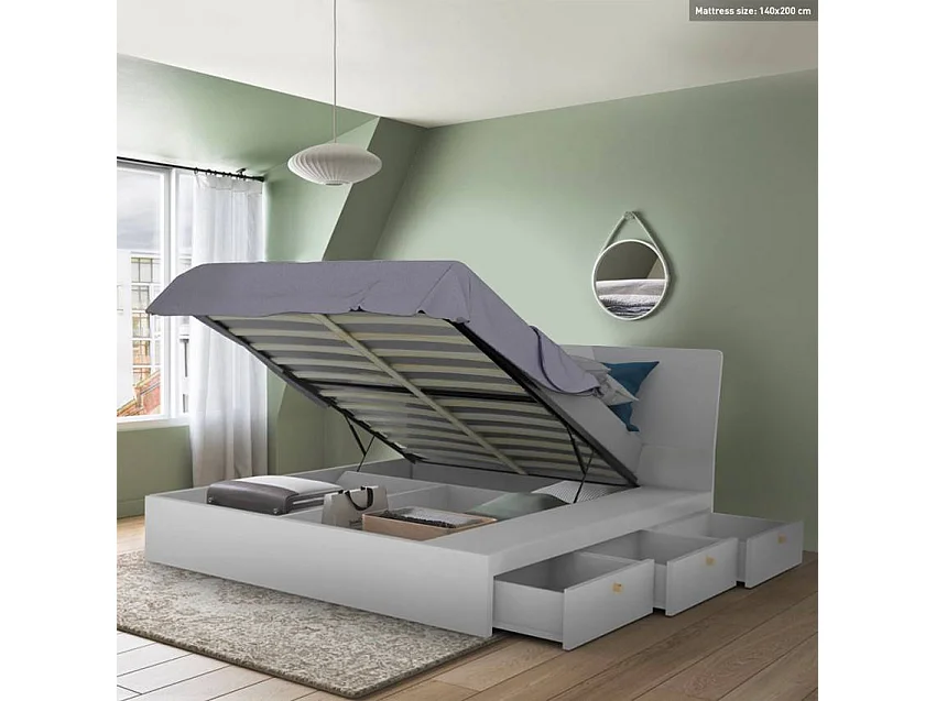 Bett Doppelbett Polsterbett hochklappbar 160x200 cm mit Bettkasten Design Steyr King - Weiß