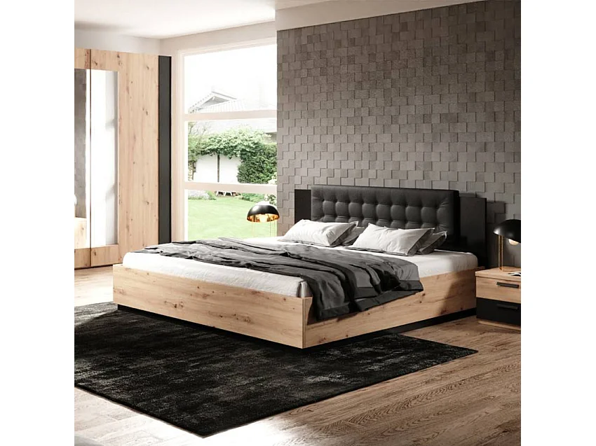 Cama de matrimonio con almacenamiento 160x200 cm madera cabecero negro Horton