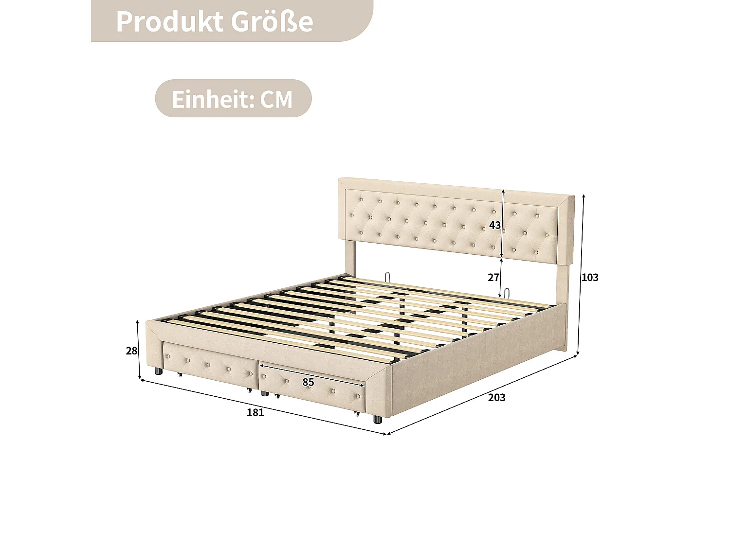 Lit coffre 180x200 avec 2 tiroirs, Lit rembourré avec sommier à lattes, tissu en velours et décoration de boutons, beige