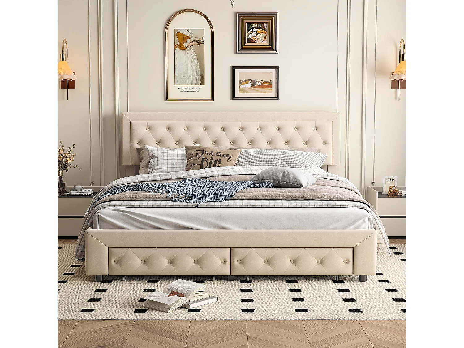 Lit coffre 180x200 avec 2 tiroirs, Lit rembourré avec sommier à lattes, tissu en velours et décoration de boutons, beige