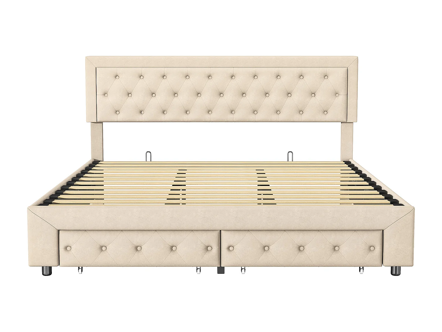 Lit coffre 180x200 avec 2 tiroirs, Lit rembourré avec sommier à lattes, tissu en velours et décoration de boutons, beige