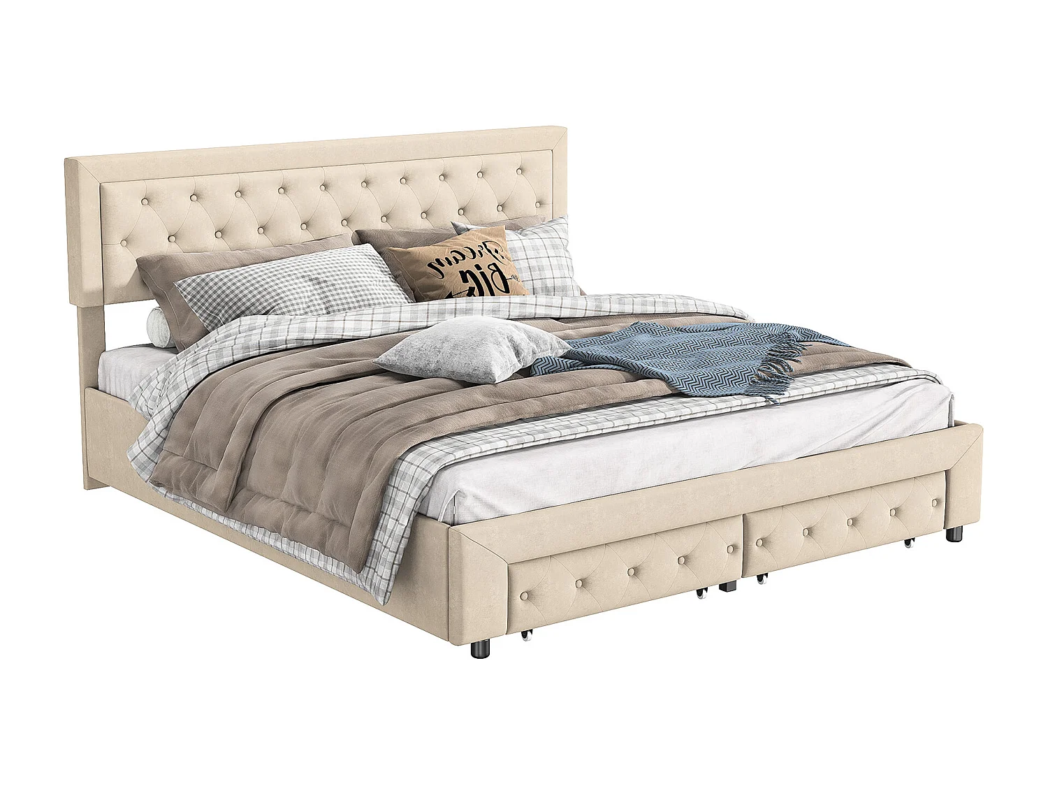 Lit coffre 180x200 avec 2 tiroirs, Lit rembourré avec sommier à lattes, tissu en velours et décoration de boutons, beige