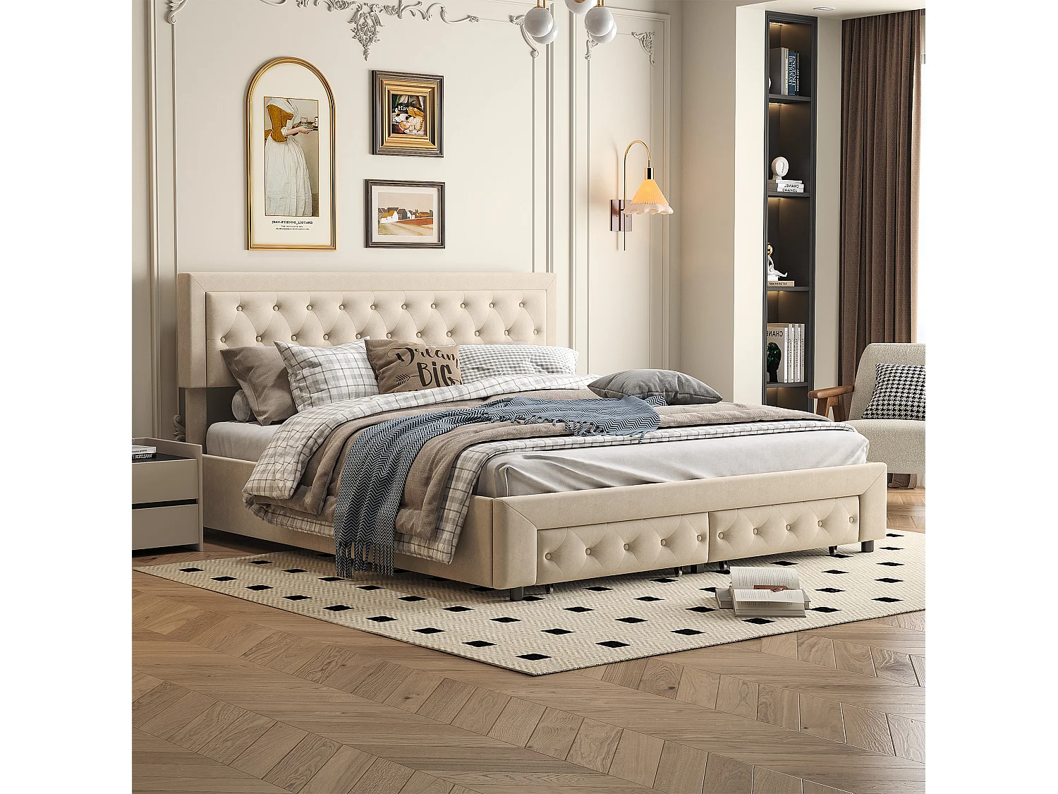 Lit coffre 180x200 avec 2 tiroirs, Lit rembourré avec sommier à lattes, tissu en velours et décoration de boutons, beige