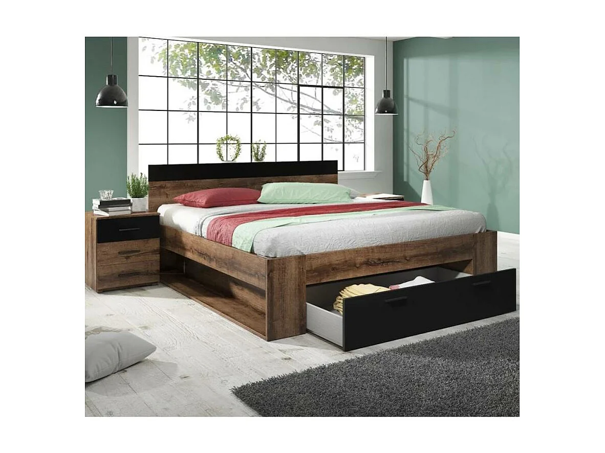 Cama de matrimonio color madera roble de 180x200 cm con somier de lamas y arcón  Tosny