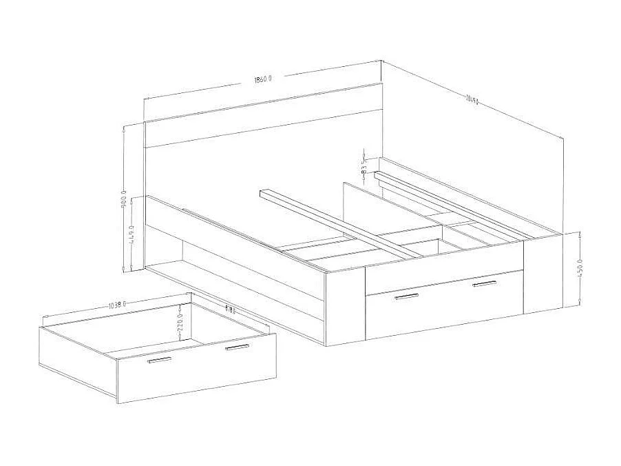 Cama de matrimonio color madera roble de 180x200 cm con somier de lamas y arcón  Tosny