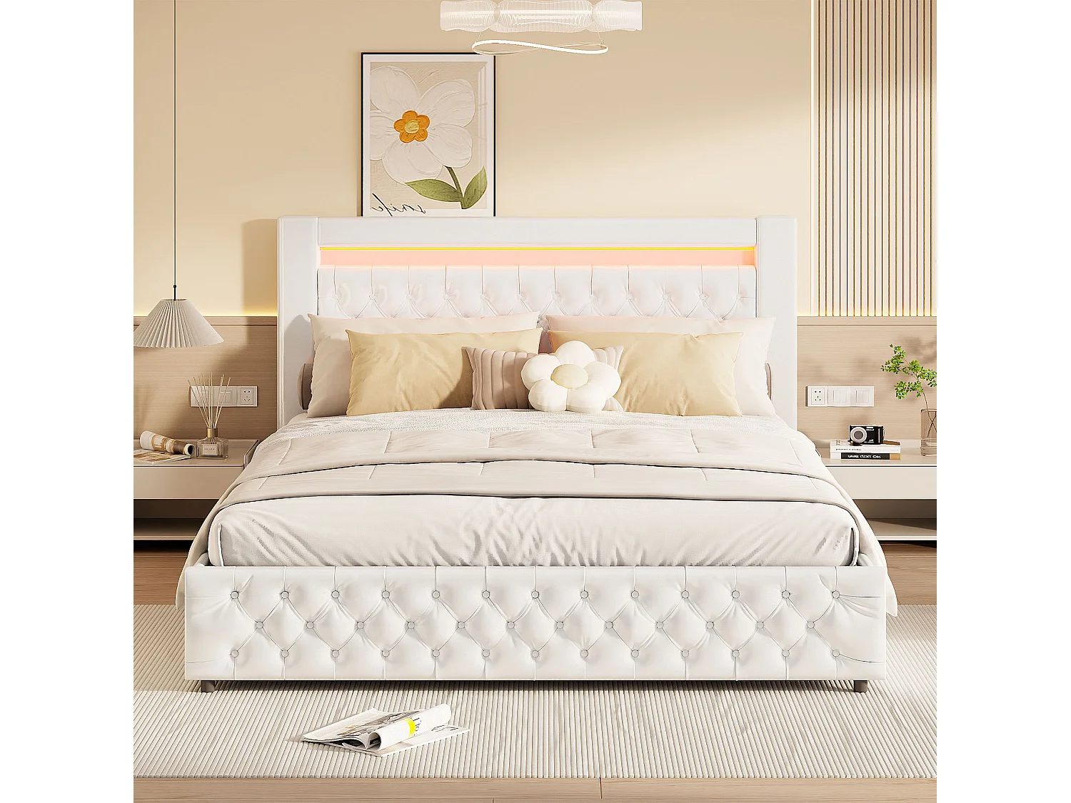 lit coffre 140x200,lit double capitonné,sommier à lattes,LED réglable,avec tête de lit,PU,blanc