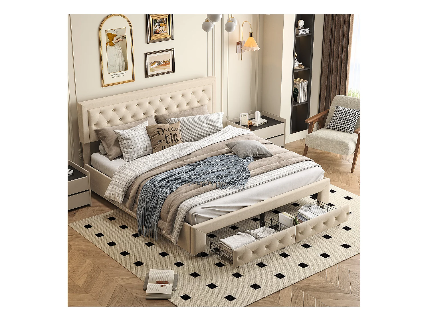 Lit coffre 160x200 avec 2 tiroirs, Lit rembourré avec sommier à lattes, tissu en velours et décoration de boutons, beige
