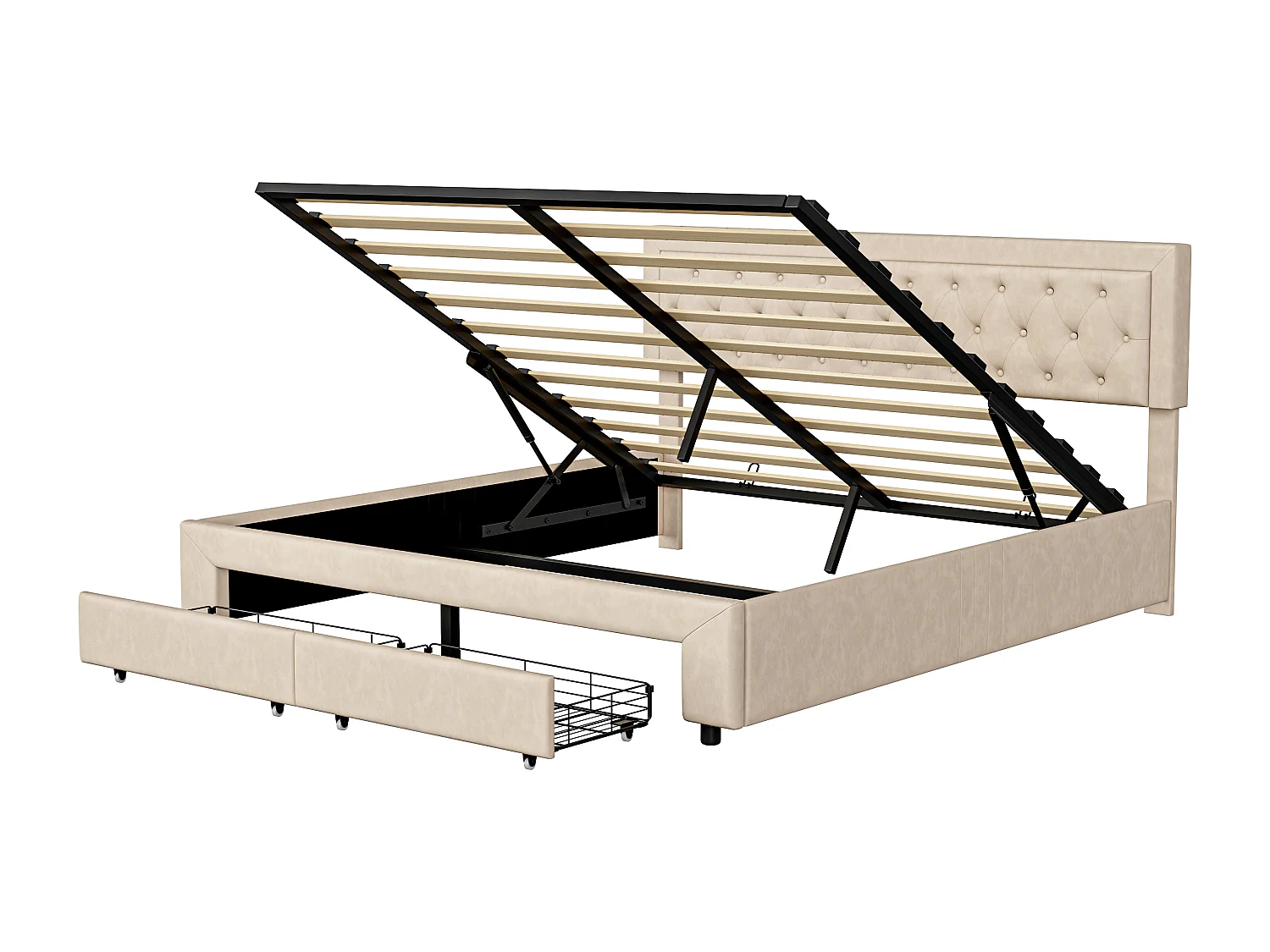 Lit coffre 160x200 avec 2 tiroirs, Lit rembourré avec sommier à lattes, tissu en velours et décoration de boutons, beige