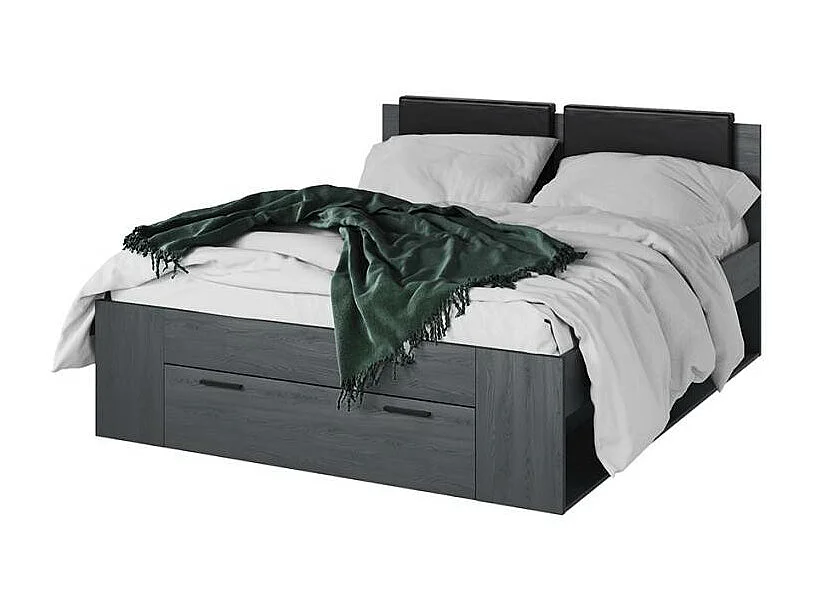 Cama de matrimonio 160x200 con almacenaje y somier de lamas color roble oscuro Tiara