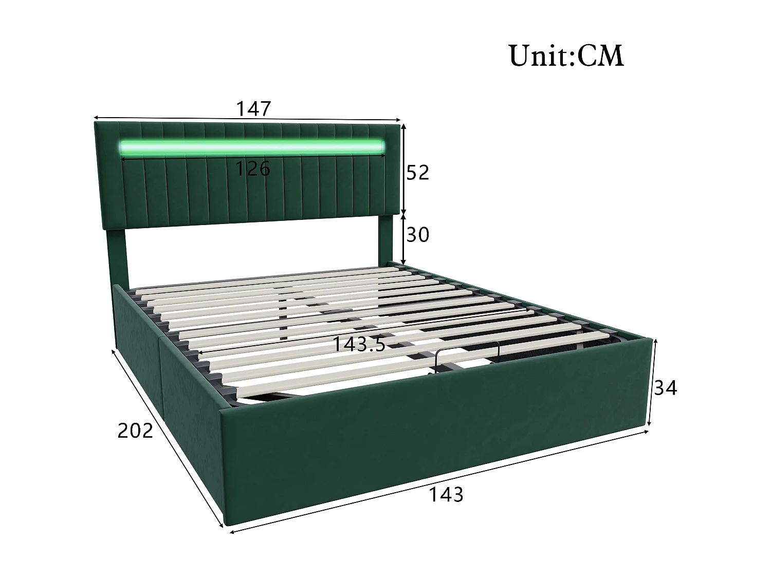 Groen fluwelen gestoffeerd opbergbed 140×200cm, tweepersoonsbed voor volwassenen met opbergruimte, tweepersoonsbed met led-verlichting en lattenbodem