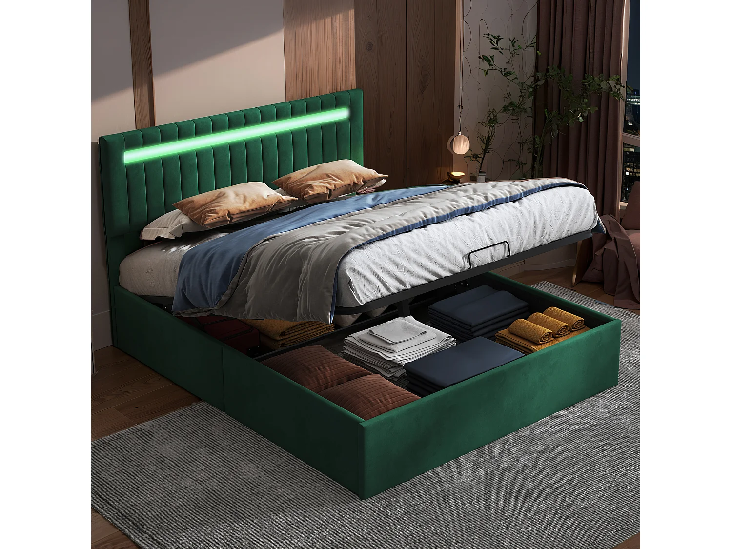 Groen fluwelen gestoffeerd opbergbed 140×200cm, tweepersoonsbed voor volwassenen met opbergruimte, tweepersoonsbed met led-verlichting en lattenbodem