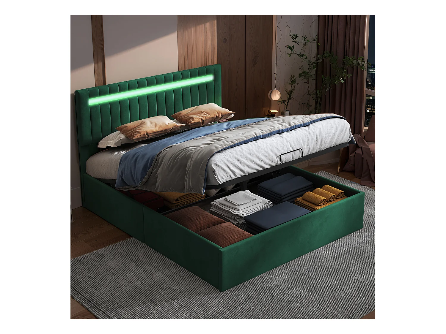 Lit Coffre Rembourré en Velours Vert 140×200cm, Lit Double Adulte avec Rangement, Lit 2 Personnes avec LED et Sommier à Lattes