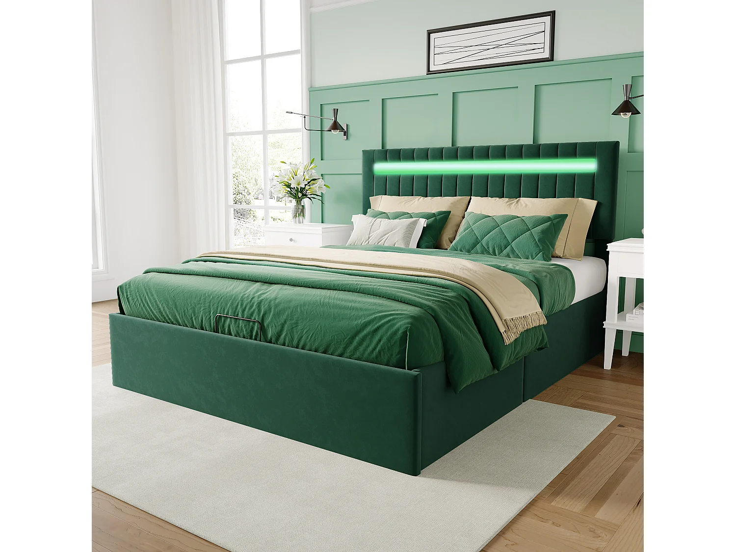 Groen fluwelen gestoffeerd opbergbed 140×200cm, tweepersoonsbed voor volwassenen met opbergruimte, tweepersoonsbed met led-verlichting en lattenbodem
