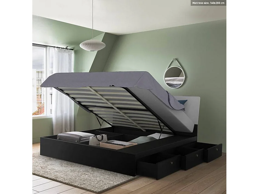 Bett Doppelbett Polsterbett hochklappbar 160x200 cm mit Bettkasten Design Steyr King - Schwarz