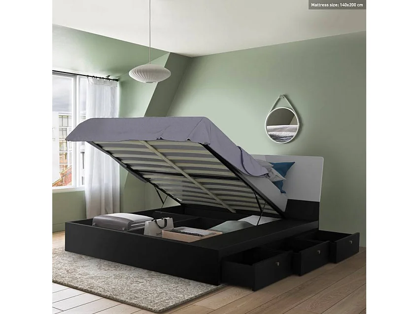Bett Doppelbett Polsterbett hochklappbar 160x200 cm mit Bettkasten Design Steyr King - Schwarz