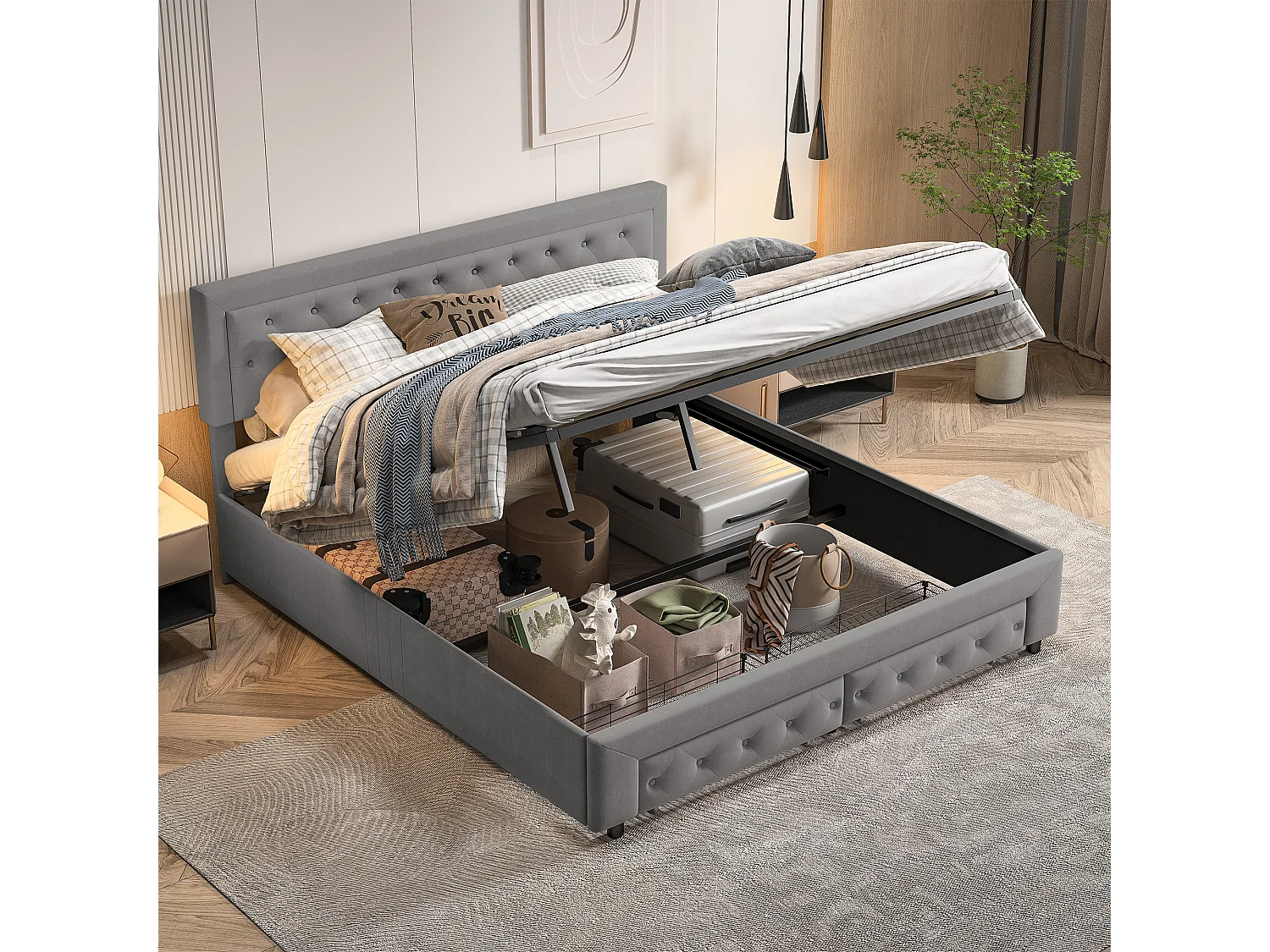 Letto contenitore 180x200 con 2 cassetti, Letto imbottito con rete a doghe, tessuto in velluto e decorazione con bottoni, grigio