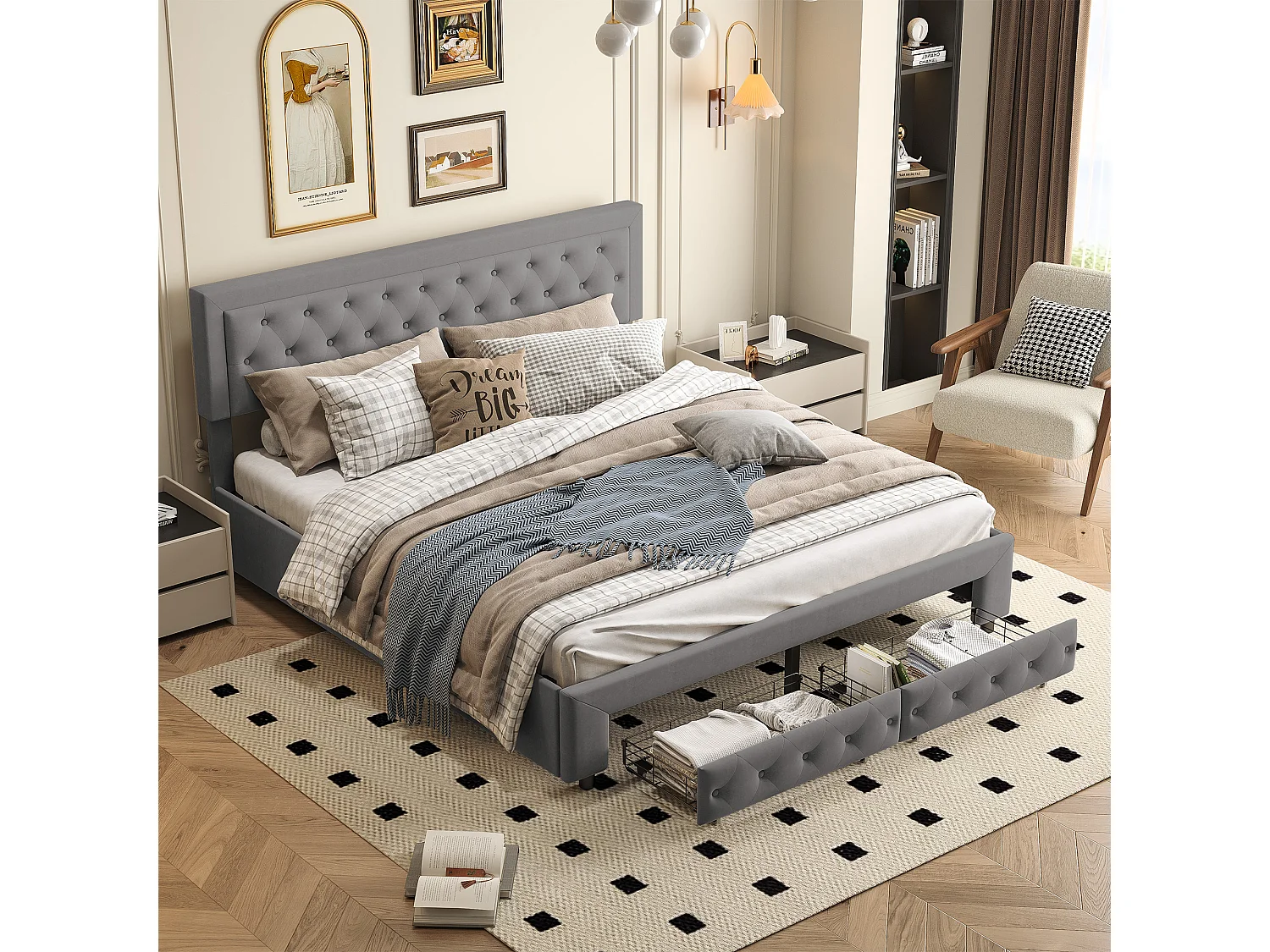 Lit coffre 180x200 avec 2 tiroirs, Lit rembourré avec sommier à lattes, tissu en velours et décoration de boutons, gris