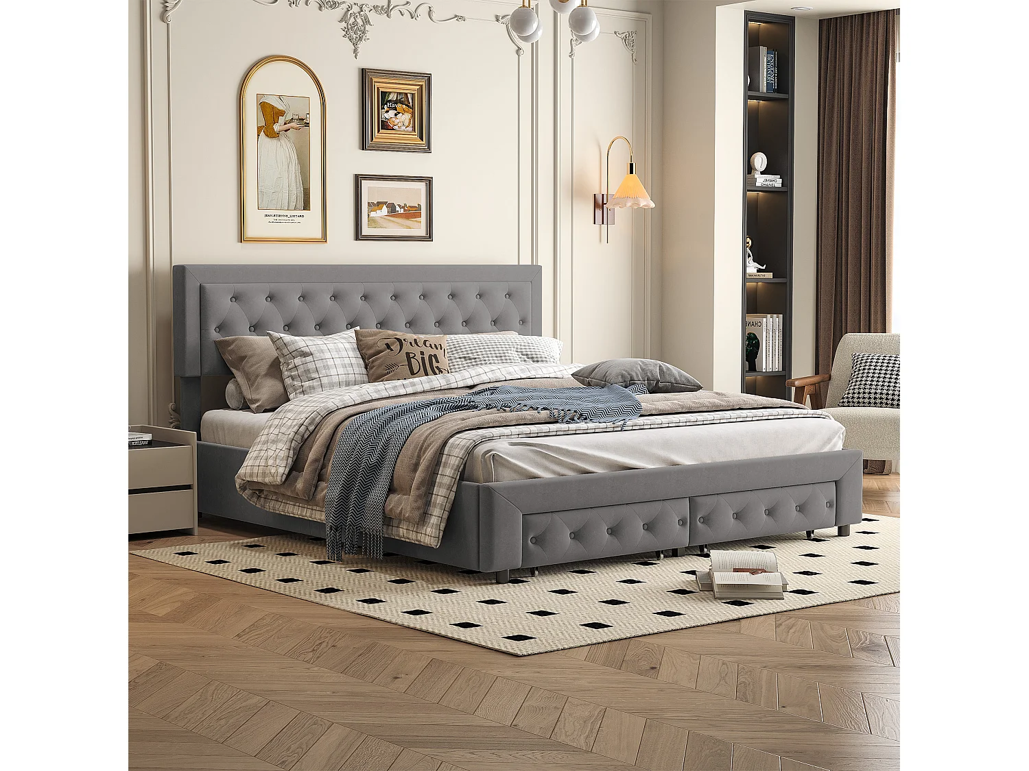 Lit coffre 180x200 avec 2 tiroirs, Lit rembourré avec sommier à lattes, tissu en velours et décoration de boutons, gris