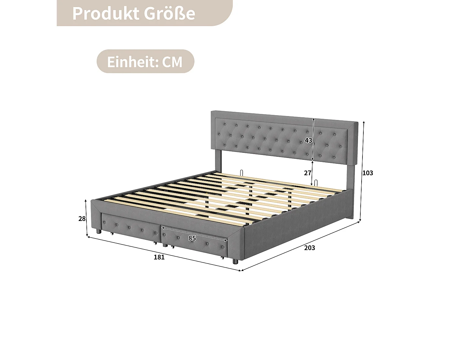 Lit coffre 180x200 avec 2 tiroirs, Lit rembourré avec sommier à lattes, tissu en velours et décoration de boutons, gris