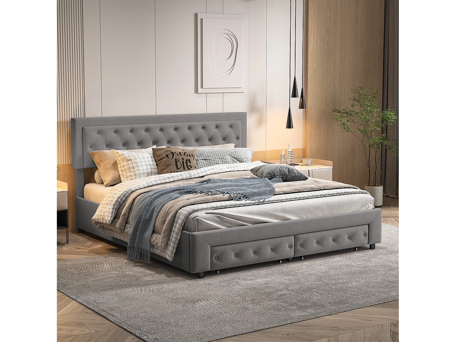 Lit coffre 180x200 avec 2 tiroirs, Lit rembourré avec sommier à lattes, tissu en velours et décoration de boutons, gris