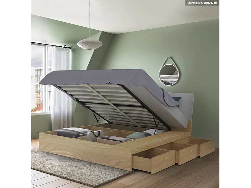 Bett Doppelbett Polsterbett hochklappbar 160x200 cm mit Bettkasten Design Steyr King - Natur