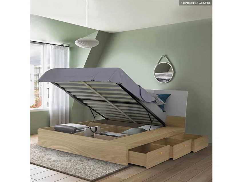 Bett Doppelbett Polsterbett hochklappbar 160x200 cm mit Bettkasten Design Steyr King - Natur
