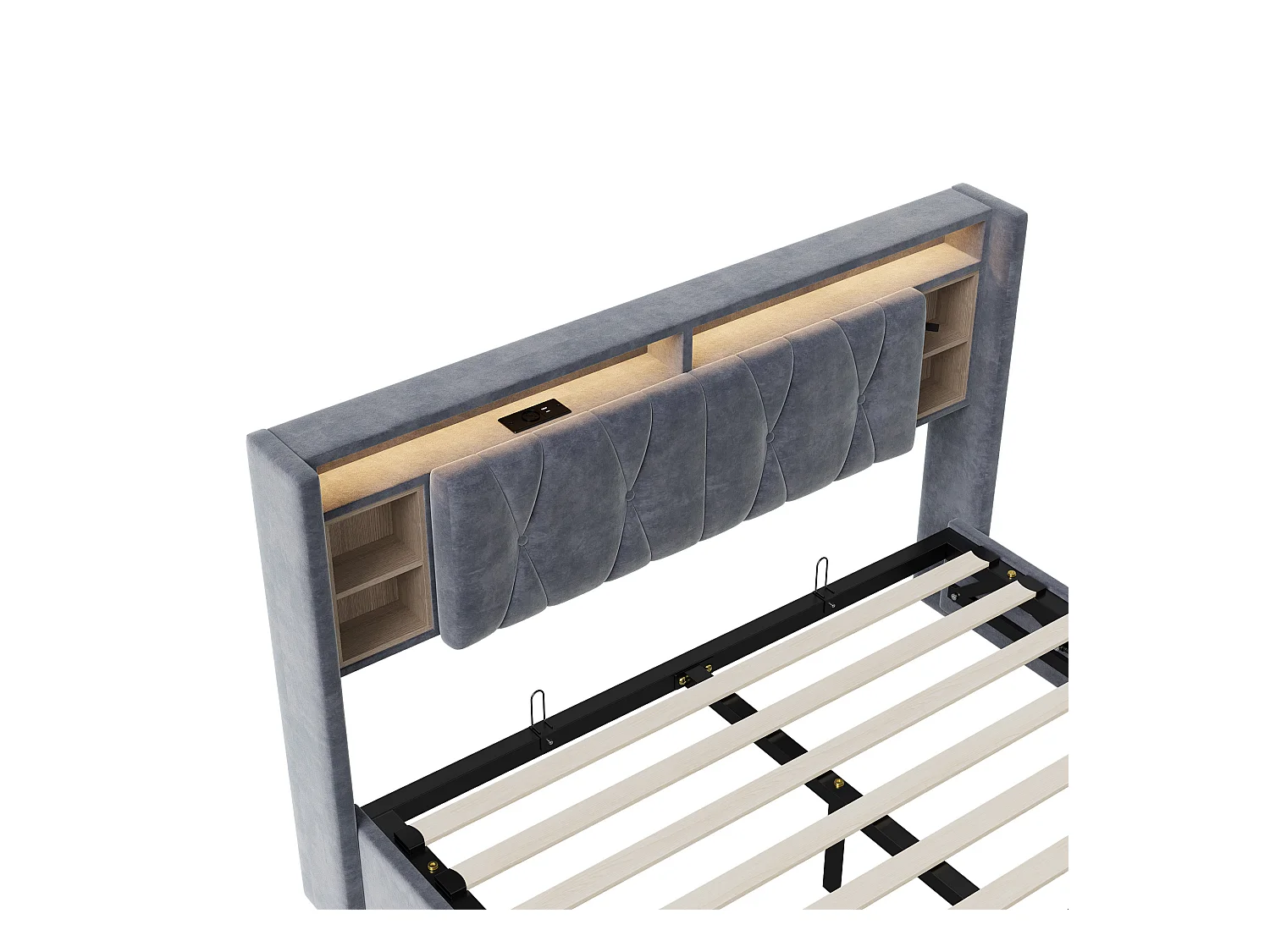 Cama con almacenaje Cama de matrimonio 140×200cm con almacenaje, iluminación LED con mesita de noche + puerto USB*2, cama tapizada, cama adulto, terciopelo gris