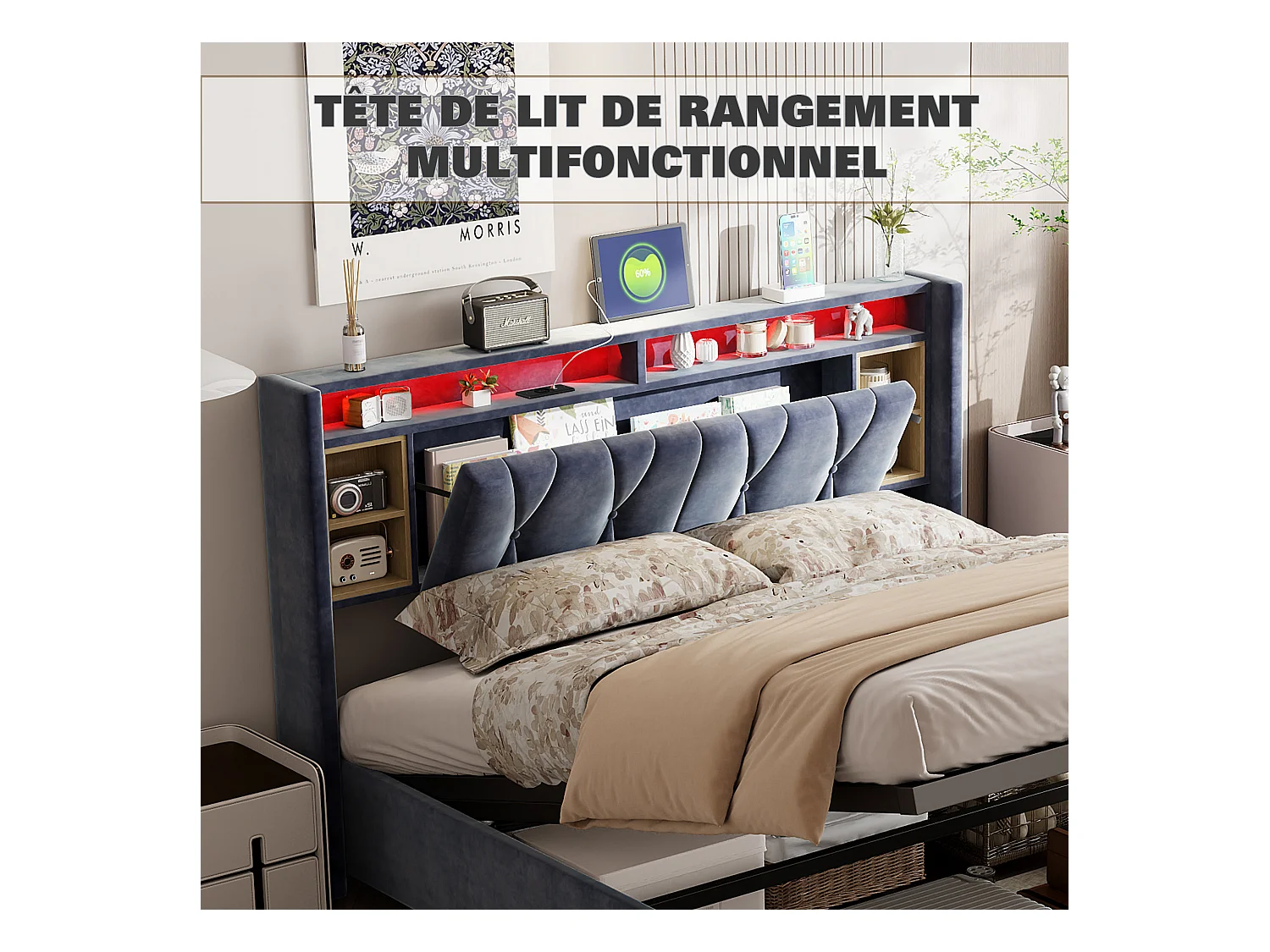 Cama con almacenaje Cama de matrimonio 140×200cm con almacenaje, iluminación LED con mesita de noche + puerto USB*2, cama tapizada, cama adulto, terciopelo gris