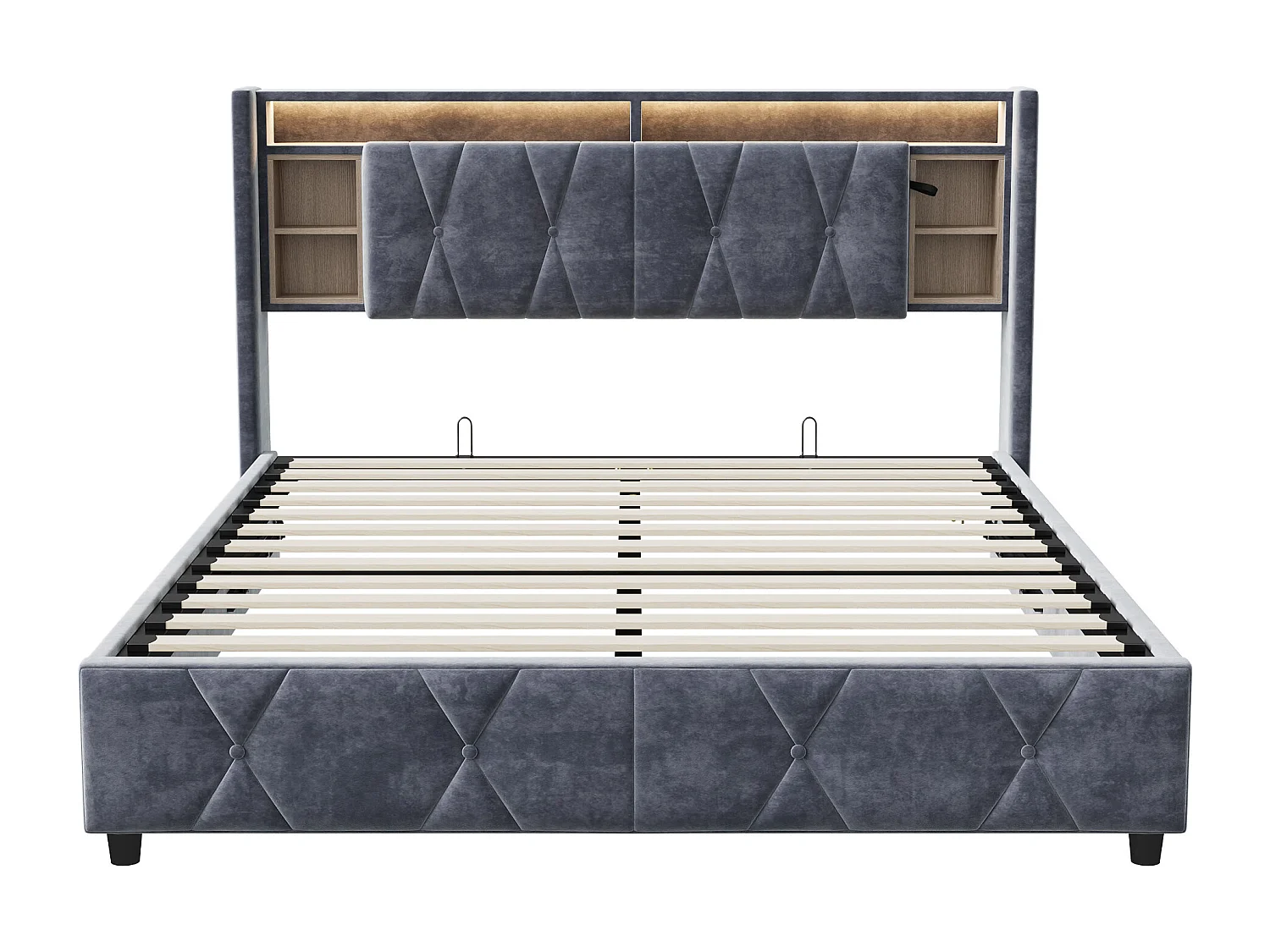 Lit coffre Lit double 140×200cm avec rangement, éclairage LED avec chevet + port USB*2, lit capitonné, lit adulte, velours gris