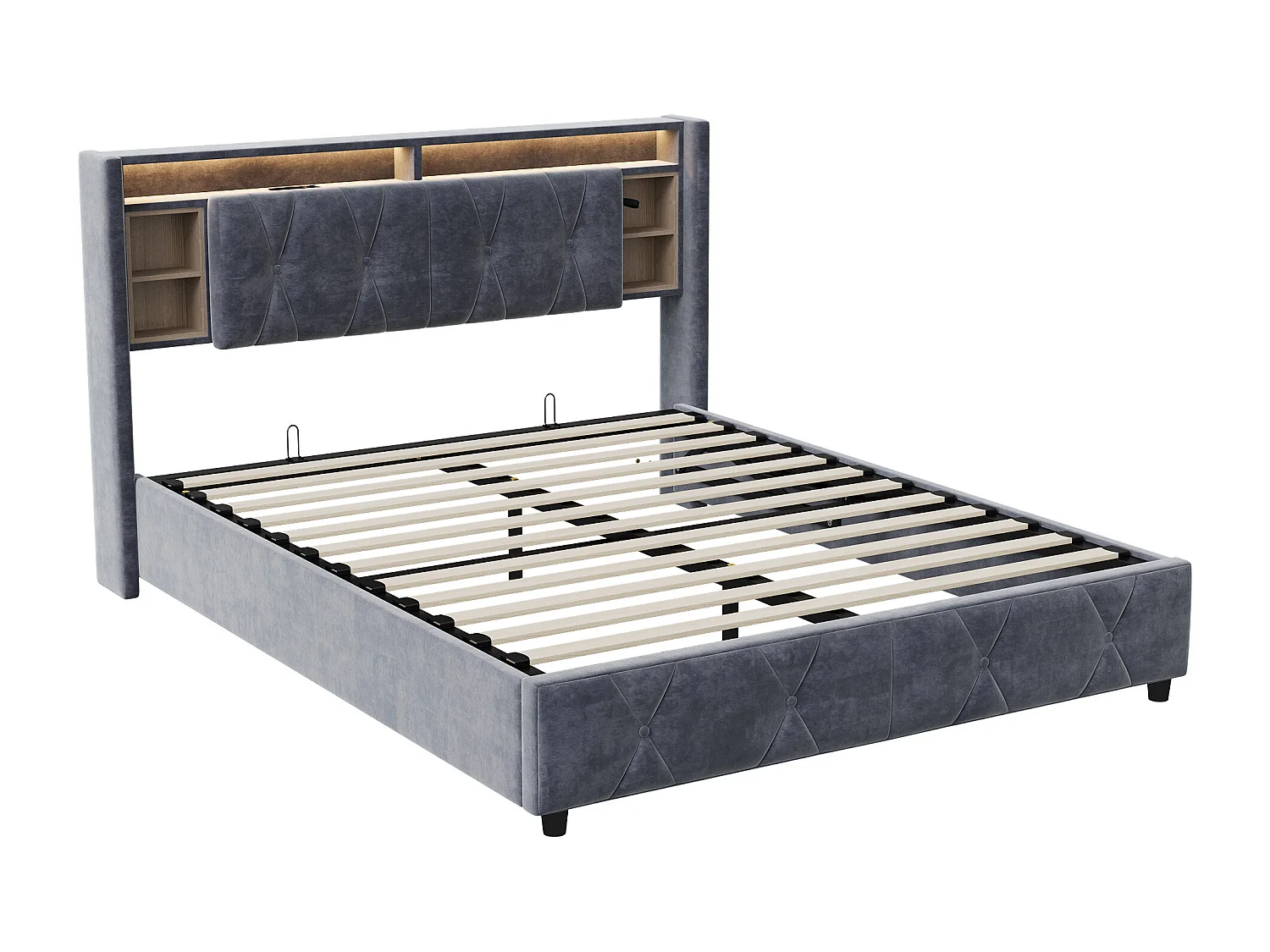 Lit coffre Lit double 140×200cm avec rangement, éclairage LED avec chevet + port USB*2, lit capitonné, lit adulte, velours gris