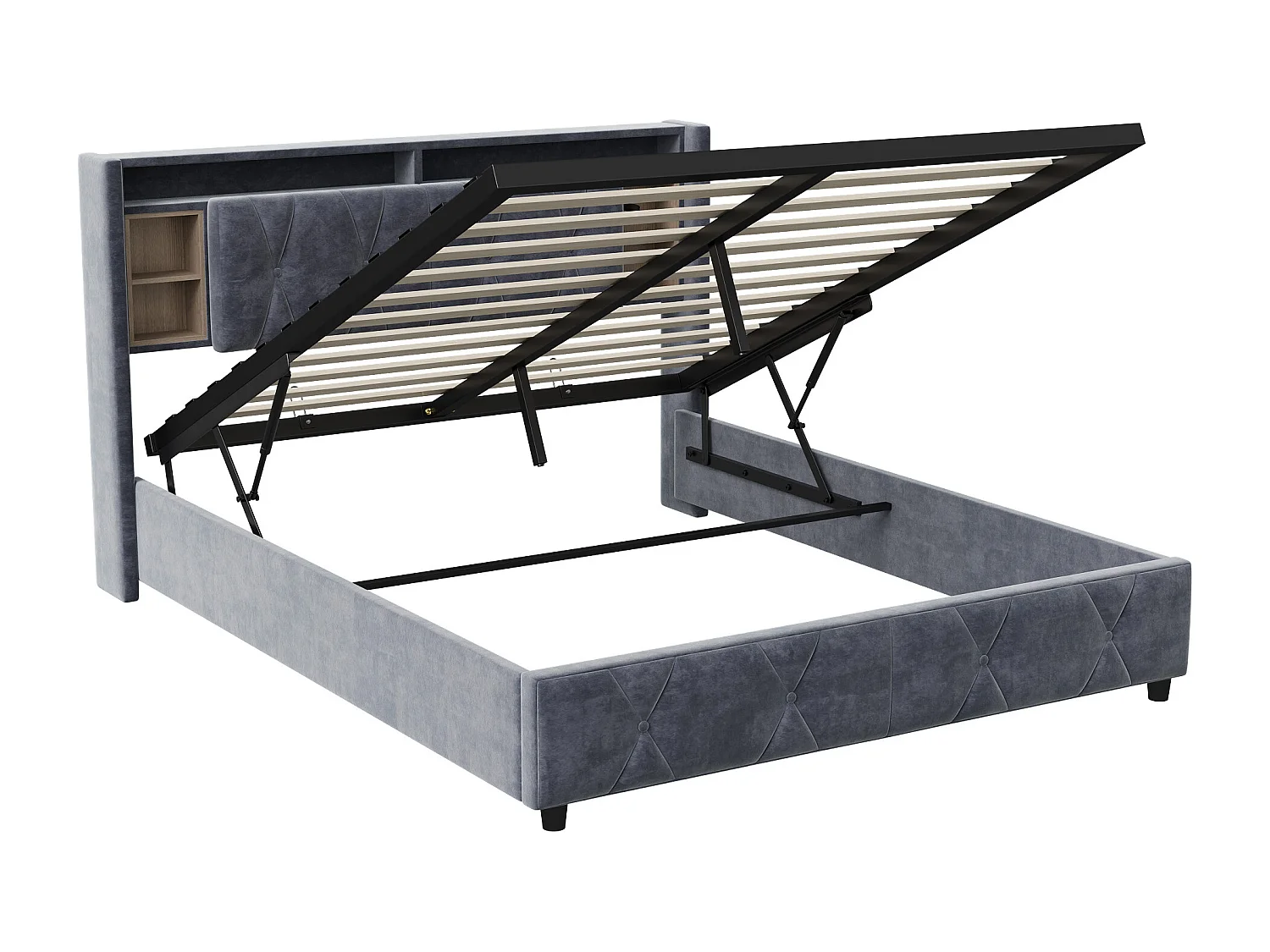 Lit coffre Lit double 140×200cm avec rangement, éclairage LED avec chevet + port USB*2, lit capitonné, lit adulte, velours gris