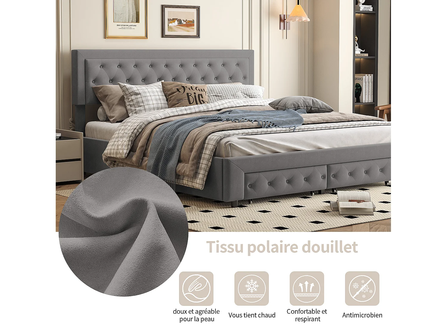 Cama de arrumação 160x200 com 2 gavetas, Cama estofada com estrado de ripas, tecido de veludo e decoração com botões, cinzento