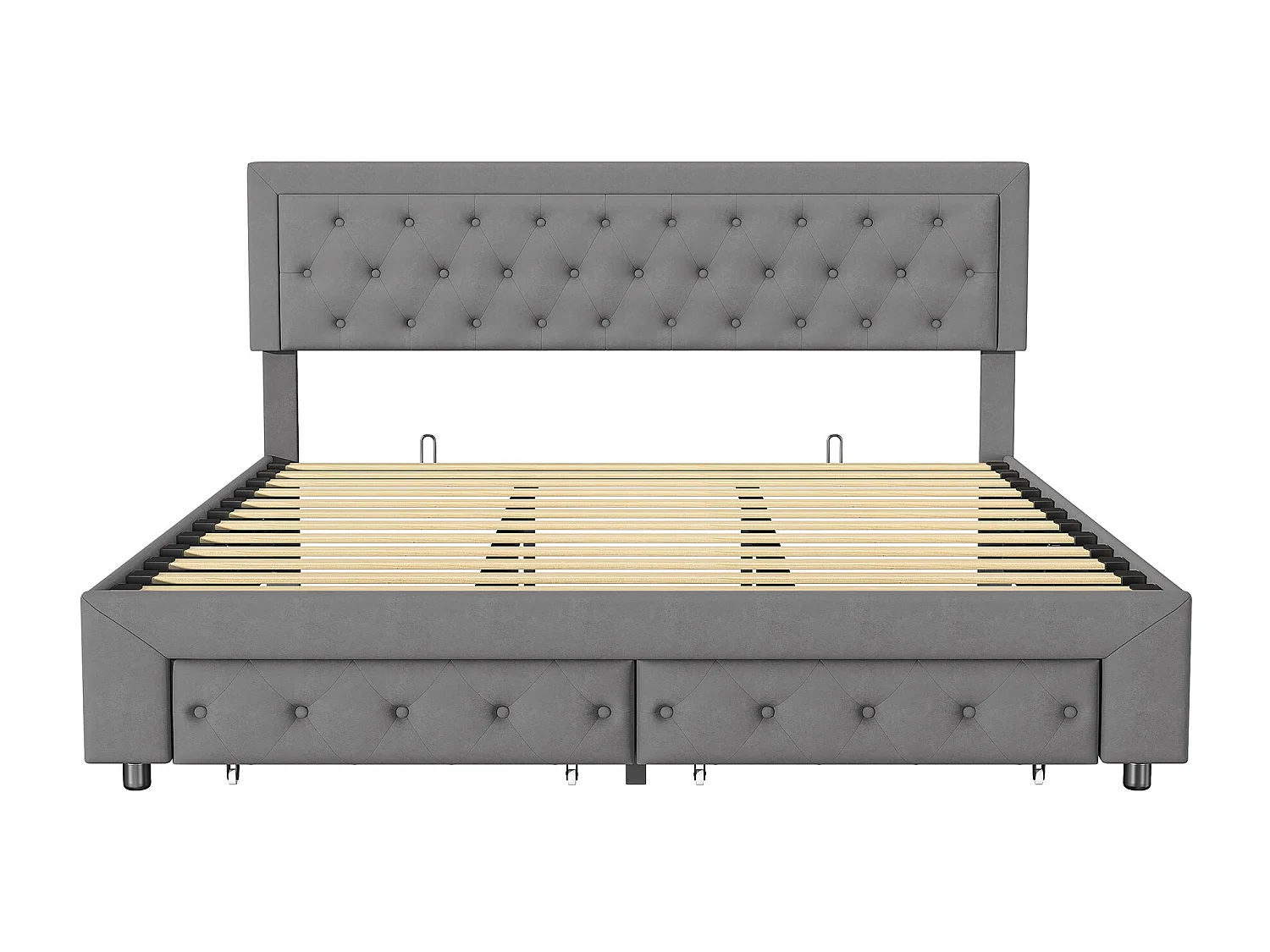Cama de arrumação 160x200 com 2 gavetas, Cama estofada com estrado de ripas, tecido de veludo e decoração com botões, cinzento