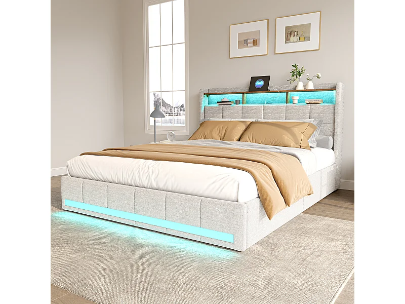 Lit adulte 180 x 200 cm avec 4 tiroirs de rangement, bande lumineuse LED, chargement USB, lit capitonné double, lit ado, lin beige