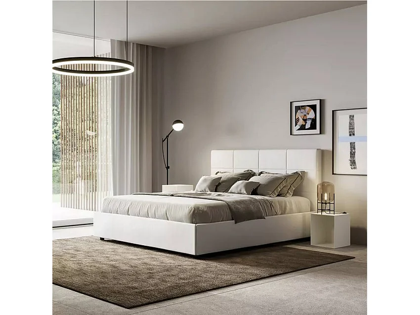 Lit double 160x190cm coffre en simili cuir blanc design KIDMAN