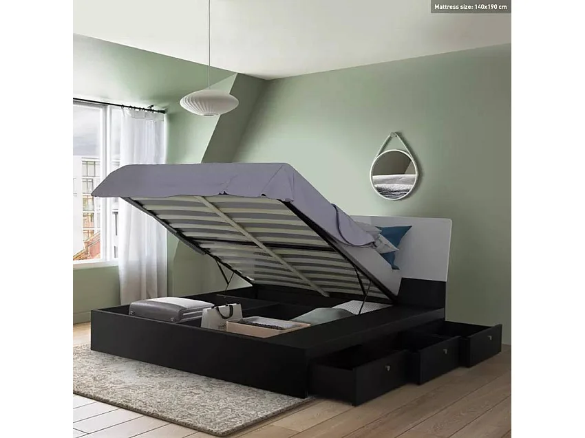 Cama de matrimonio 160 x190 cm canapé elevable diseño moderno Steyr - Negro