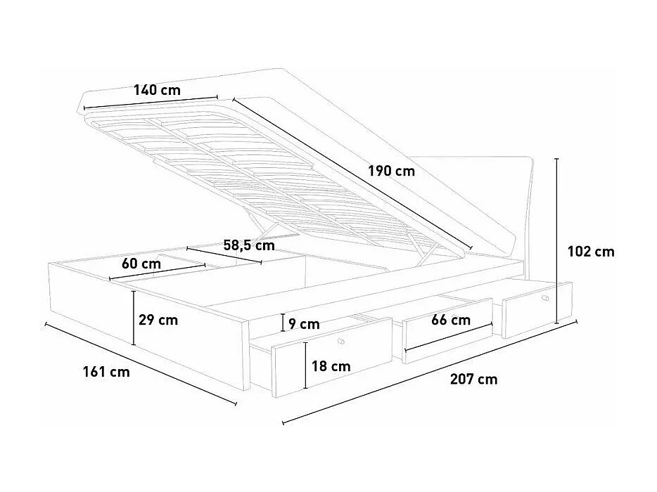 Cama de matrimonio 160 x190 cm canapé elevable diseño moderno Steyr - Negro