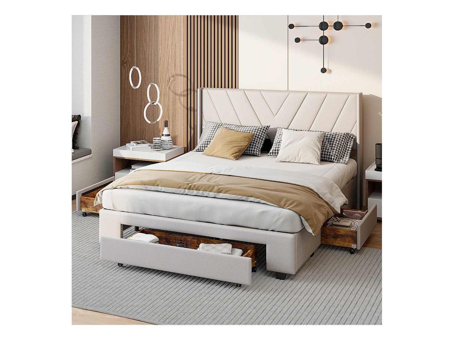Lit double 160x200 cm avec 3 tiroirs, sommier à lattes, lit queen size, linge, lit capitonné pour adulte - Beige