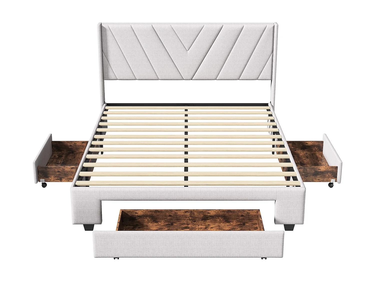 Lit double 160x200 cm avec 3 tiroirs, sommier à lattes, lit queen size, linge, lit capitonné pour adulte - Beige