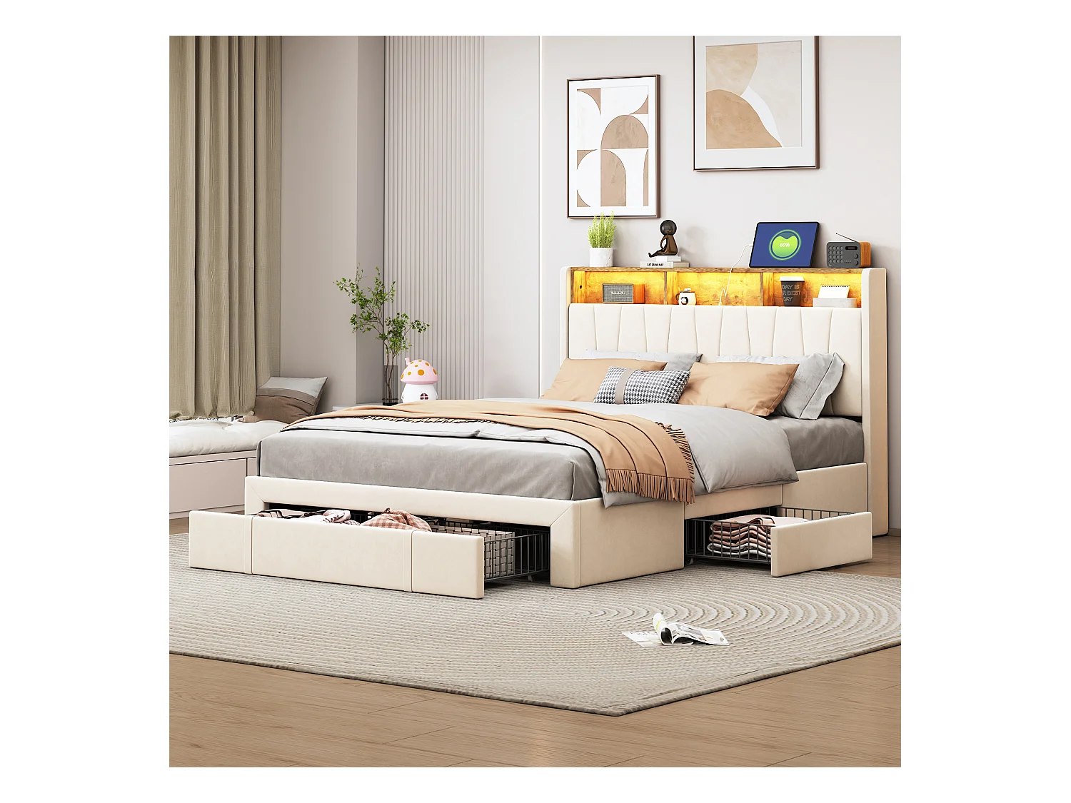 Lit double avec tiroirs 140x200 cm, avec 4 tiroirs en fer, avec éclairage LED, station de recharge USB et Type-C, velours, adapté aux adultes et adolescents - Beige
