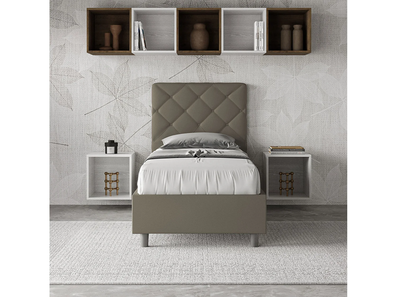 Cama contenedor tapizada Priya capuchino símil piel 90x200